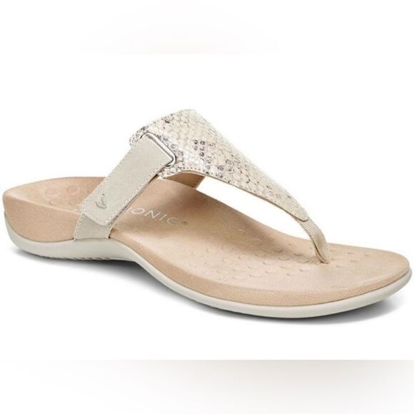 Vionic‎ Womens Flip Flops 8 Wanda Embossed Snake Print Bone Sandal T-Strap NEW - Picture 1 of 12